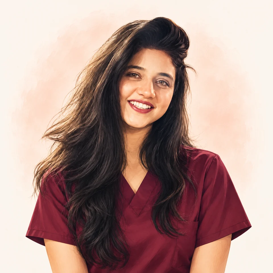 Illustrated portrait of Dr. Zahra Fatima in burgundy scrubs